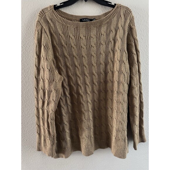 Ralph Lauren Cable-Knit Cotton-Blend Boatneck Sweater Gold Lurex plus size 3x - Picture 8 of 16